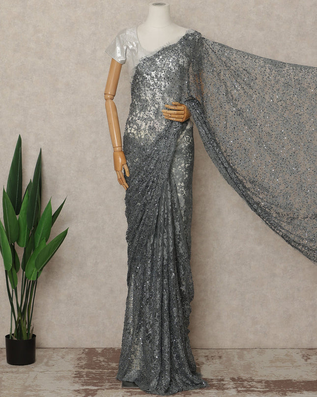 Charcoal Grey French Chantilly Lace Saree with Bead & Sequin Work 5.5 Meters Length 110 Cms Width Premium Embellished Floral Lace Fabric Elegant Sheer Saree France-D28705 Regal Fabrics