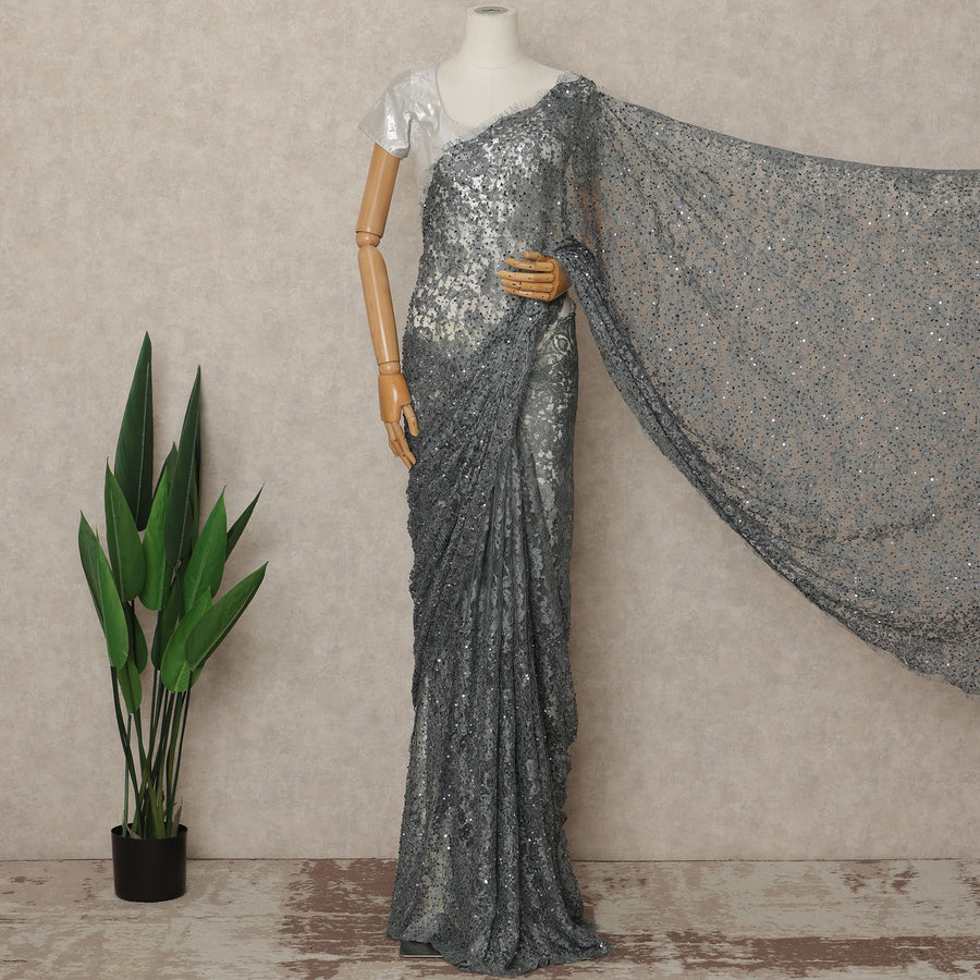 Charcoal Grey French Chantilly Lace Saree with Bead & Sequin Work 5.5 Meters Length 110 Cms Width Premium Embellished Floral Lace Fabric Elegant Sheer Saree France-D28705 Regal Fabrics
