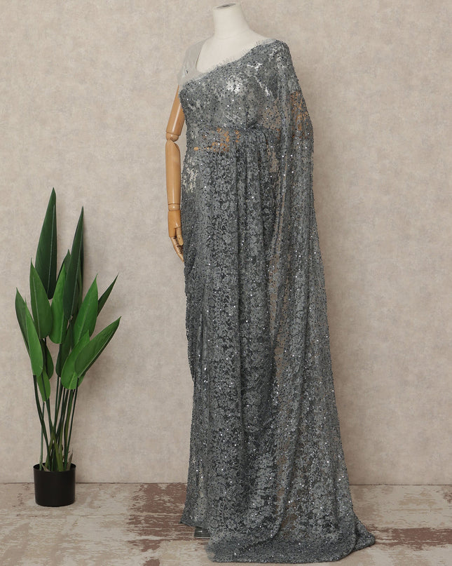 Charcoal Grey French Chantilly Lace Saree with Bead & Sequin Work 5.5 Meters Length 110 Cms Width Premium Embellished Floral Lace Fabric Elegant Sheer Saree France-D28705 Regal Fabrics