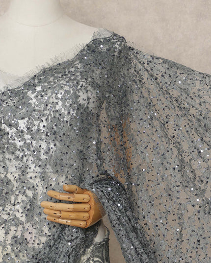 Charcoal Grey French Chantilly Lace Saree with Bead & Sequin Work 5.5 Meters Length 110 Cms Width Premium Embellished Floral Lace Fabric Elegant Sheer Saree France-D28705 Regal Fabrics