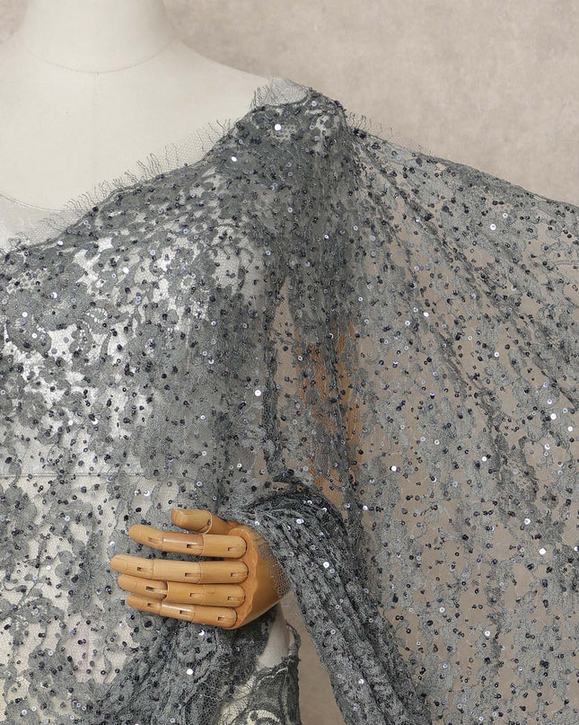 Charcoal Grey French Chantilly Lace Saree with Bead & Sequin Work 5.5 Meters Length 110 Cms Width Premium Embellished Floral Lace Fabric Elegant Sheer Saree France-D28705 Regal Fabrics