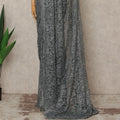 Charcoal Grey French Chantilly Lace Saree with Bead & Sequin Work 5.5 Meters Length 110 Cms Width Premium Embellished Floral Lace Fabric Elegant Sheer Saree France-D28705 Regal Fabrics