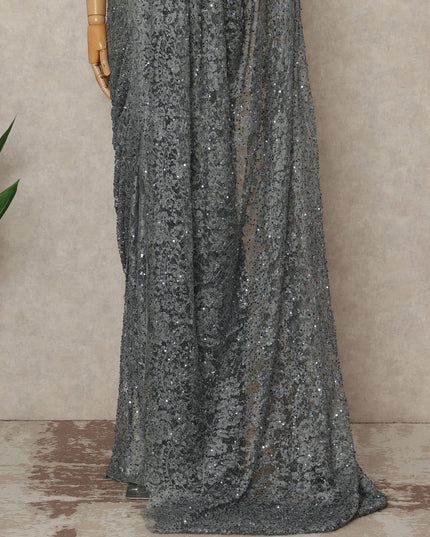 Charcoal Grey French Chantilly Lace Saree with Bead & Sequin Work 5.5 Meters Length 110 Cms Width Premium Embellished Floral Lace Fabric Elegant Sheer Saree France-D28705 Regal Fabrics