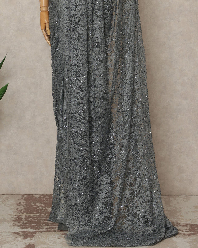 Charcoal Grey French Chantilly Lace Saree with Bead & Sequin Work 5.5 Meters Length 110 Cms Width Premium Embellished Floral Lace Fabric Elegant Sheer Saree France-D28705 Regal Fabrics
