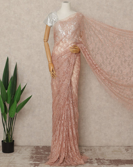 Blush Pink French Chantilly Lace Saree with Bead & Sequin Work 5.5 Meters Length 110 Cms Width Premium Embellished Floral Lace Fabric Elegant Sheer Saree France-D28704 Regal Fabrics