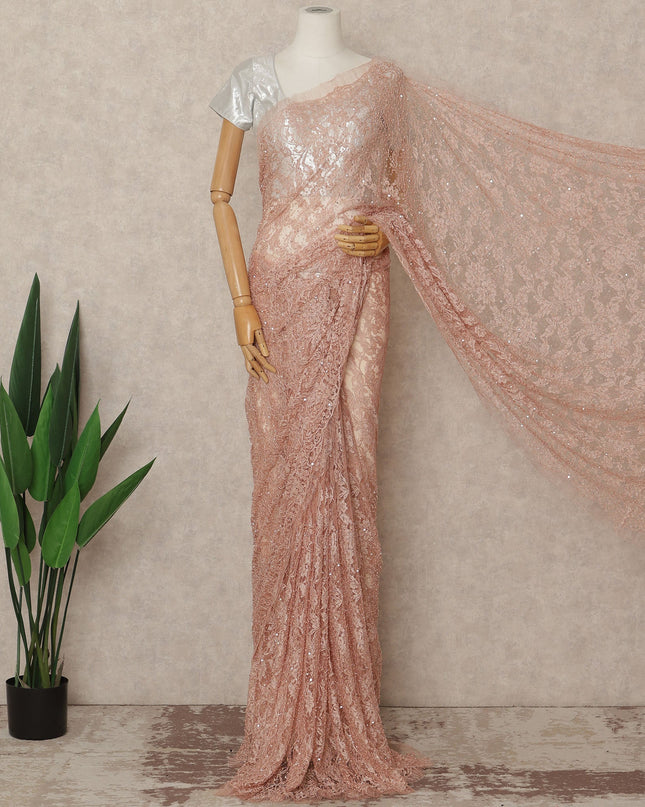 Blush Pink French Chantilly Lace Saree with Bead & Sequin Work 5.5 Meters Length 110 Cms Width Premium Embellished Floral Lace Fabric Elegant Sheer Saree France-D28704 Regal Fabrics