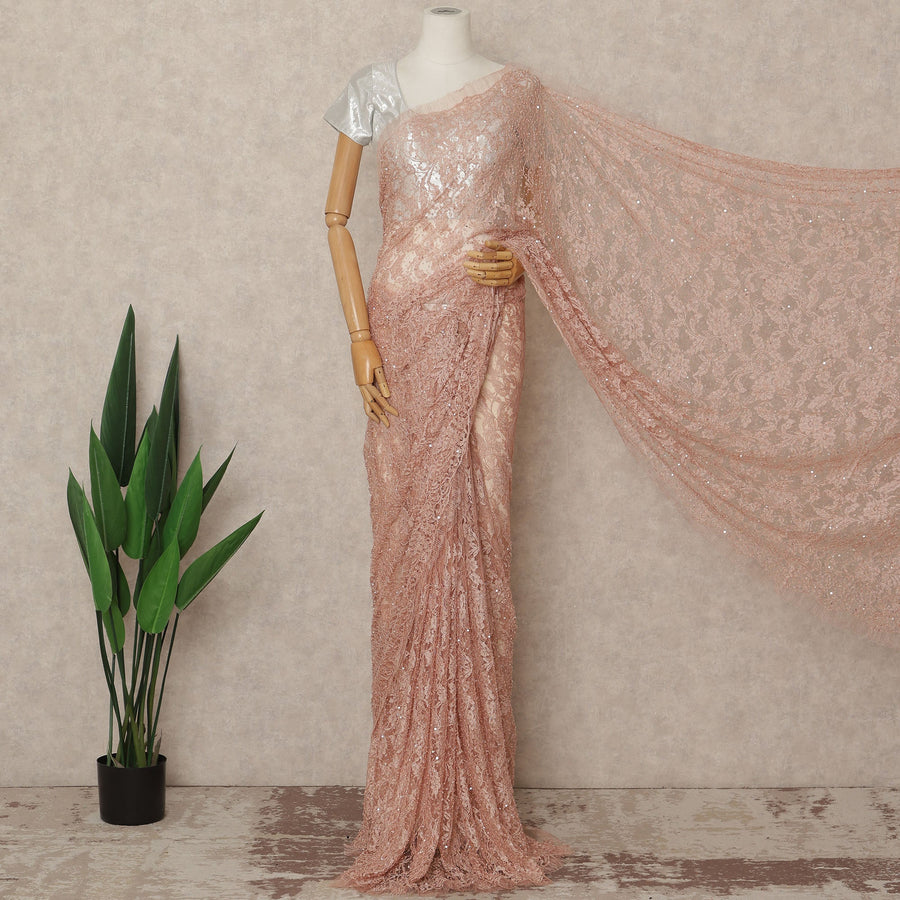 Blush Pink French Chantilly Lace Saree with Bead & Sequin Work 5.5 Meters Length 110 Cms Width Premium Embellished Floral Lace Fabric Elegant Sheer Saree France-D28704 Regal Fabrics