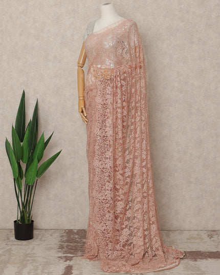 Blush Pink French Chantilly Lace Saree with Bead & Sequin Work 5.5 Meters Length 110 Cms Width Premium Embellished Floral Lace Fabric Elegant Sheer Saree France-D28704 Regal Fabrics