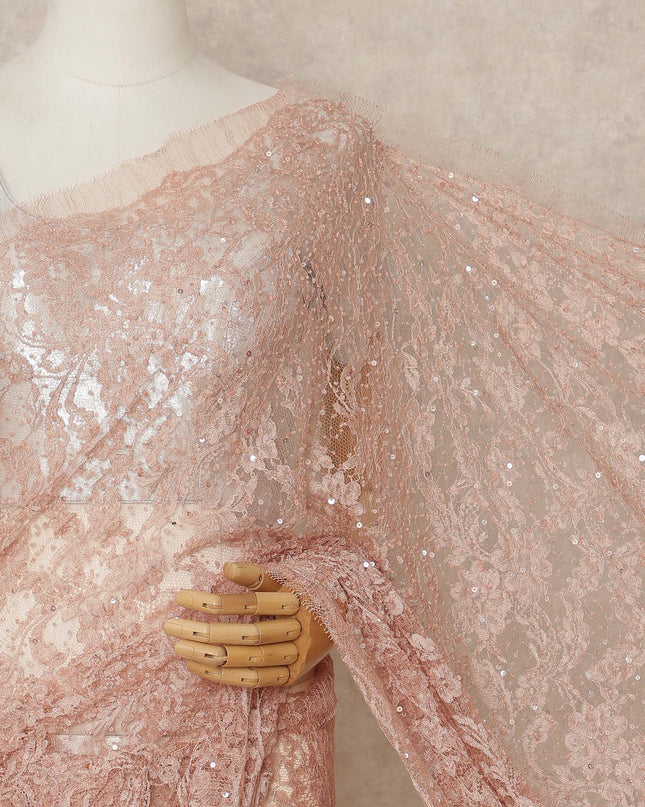 Blush Pink French Chantilly Lace Saree with Bead & Sequin Work 5.5 Meters Length 110 Cms Width Premium Embellished Floral Lace Fabric Elegant Sheer Saree France-D28704 Regal Fabrics