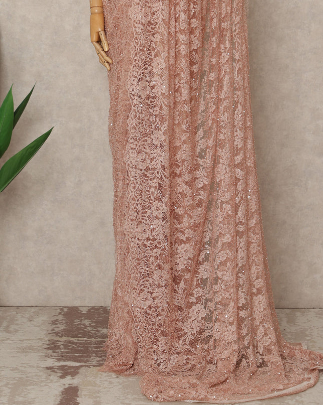 Blush Pink French Chantilly Lace Saree with Bead & Sequin Work 5.5 Meters Length 110 Cms Width Premium Embellished Floral Lace Fabric Elegant Sheer Saree France-D28704 Regal Fabrics