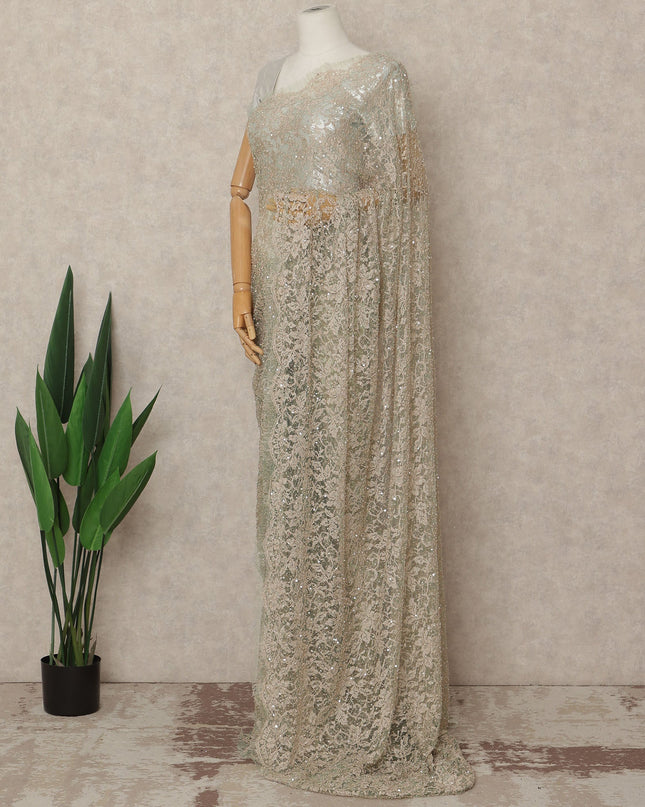 Mint Green Champagne French Chantilly Lace Saree with Bead & Sequin Work 5.5 Meters Length 110 Cms Width Premium Embellished Floral Lace Fabric Elegant Sheer Saree France-D28701 Regal Fabrics