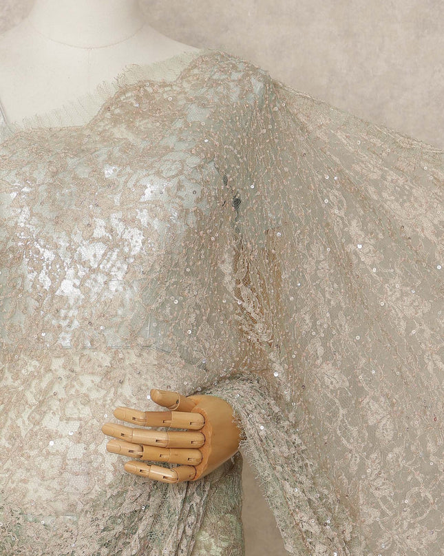 Mint Green Champagne French Chantilly Lace Saree with Bead & Sequin Work 5.5 Meters Length 110 Cms Width Premium Embellished Floral Lace Fabric Elegant Sheer Saree France-D28701 Regal Fabrics