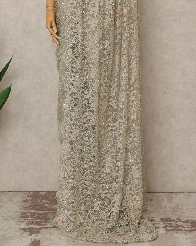 Mint Green Champagne French Chantilly Lace Saree with Bead & Sequin Work 5.5 Meters Length 110 Cms Width Premium Embellished Floral Lace Fabric Elegant Sheer Saree France-D28701 Regal Fabrics