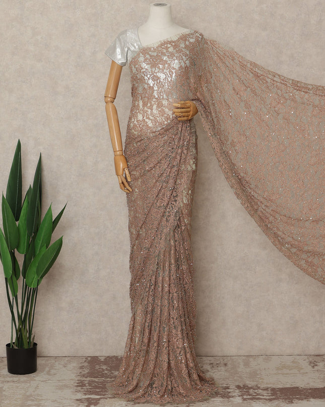 Blush Peach French Chantilly Lace Saree with Bead & Sequin Work 5.5 Meters Length 110 Cms Width Premium Embellished Floral Lace Fabric Elegant Sheer Saree France-D28700 Regal Fabrics