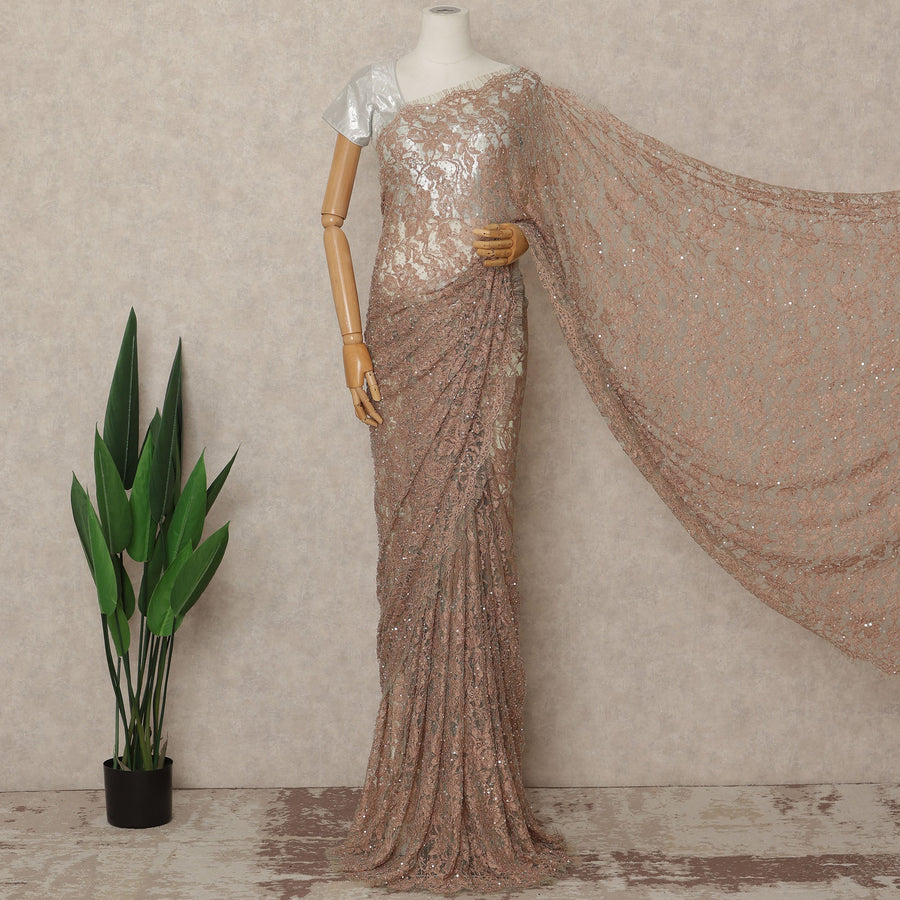Blush Peach French Chantilly Lace Saree with Bead & Sequin Work 5.5 Meters Length 110 Cms Width Premium Embellished Floral Lace Fabric Elegant Sheer Saree France-D28700 Regal Fabrics