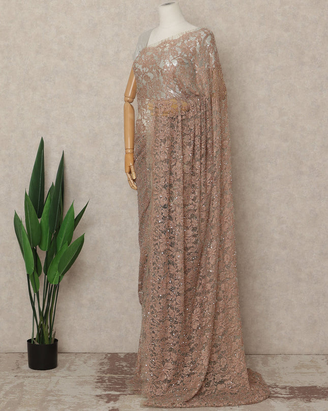 Blush Peach French Chantilly Lace Saree with Bead & Sequin Work 5.5 Meters Length 110 Cms Width Premium Embellished Floral Lace Fabric Elegant Sheer Saree France-D28700 Regal Fabrics