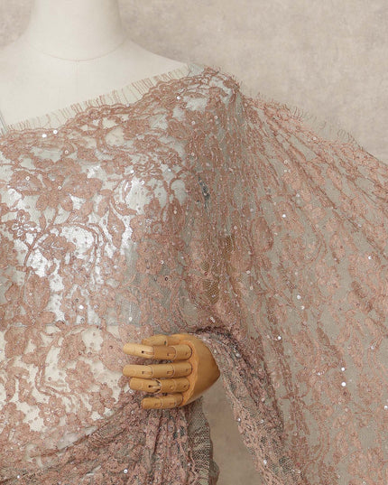Blush Peach French Chantilly Lace Saree with Bead & Sequin Work 5.5 Meters Length 110 Cms Width Premium Embellished Floral Lace Fabric Elegant Sheer Saree France-D28700 Regal Fabrics