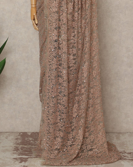 Blush Peach French Chantilly Lace Saree with Bead & Sequin Work 5.5 Meters Length 110 Cms Width Premium Embellished Floral Lace Fabric Elegant Sheer Saree France-D28700 Regal Fabrics