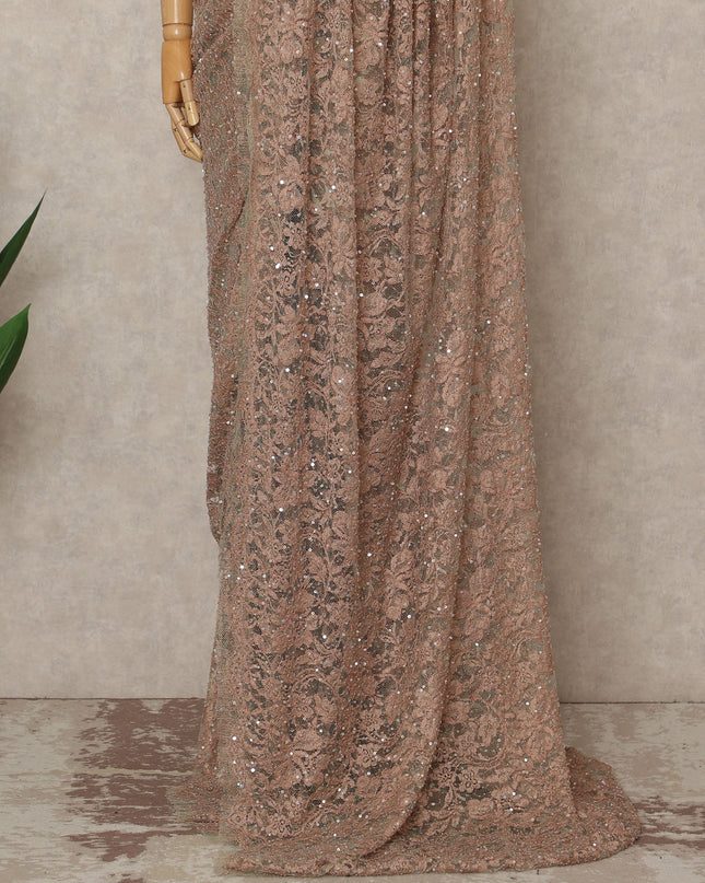 Blush Peach French Chantilly Lace Saree with Bead & Sequin Work 5.5 Meters Length 110 Cms Width Premium Embellished Floral Lace Fabric Elegant Sheer Saree France-D28700 Regal Fabrics