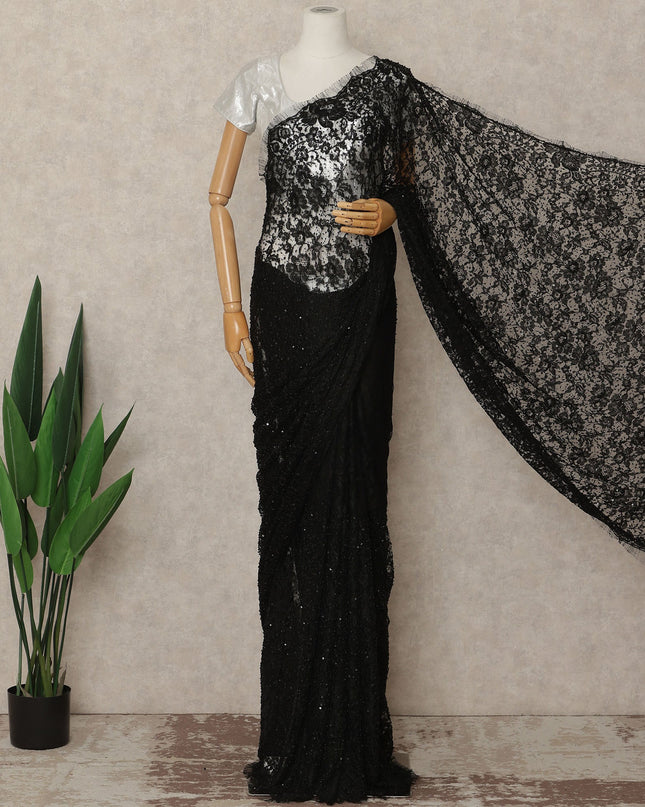 Classic Black French Chantilly Lace Saree with Bead & Sequin Work 5.5 Meters Length 110 Cms Width Premium Embellished Floral Lace Fabric Elegant Sheer Saree France-D28707 Regal Fabrics
