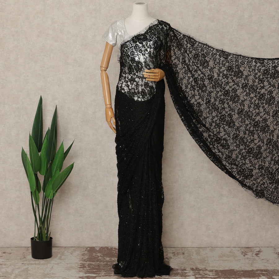 Classic Black French Chantilly Lace Saree with Bead & Sequin Work 5.5 Meters Length 110 Cms Width Premium Embellished Floral Lace Fabric Elegant Sheer Saree France-D28707 Regal Fabrics