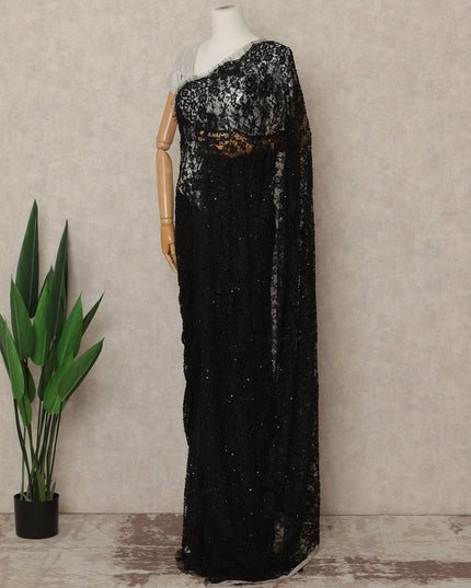 Classic Black French Chantilly Lace Saree with Bead & Sequin Work 5.5 Meters Length 110 Cms Width Premium Embellished Floral Lace Fabric Elegant Sheer Saree France-D28707 Regal Fabrics