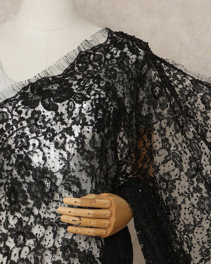 Classic Black French Chantilly Lace Saree with Bead & Sequin Work 5.5 Meters Length 110 Cms Width Premium Embellished Floral Lace Fabric Elegant Sheer Saree France-D28707 Regal Fabrics