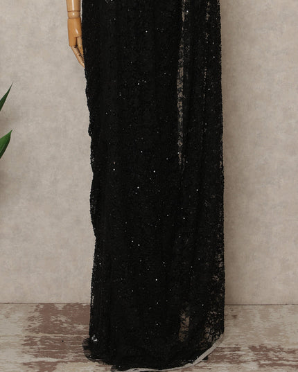 Classic Black French Chantilly Lace Saree with Bead & Sequin Work 5.5 Meters Length 110 Cms Width Premium Embellished Floral Lace Fabric Elegant Sheer Saree France-D28707 Regal Fabrics