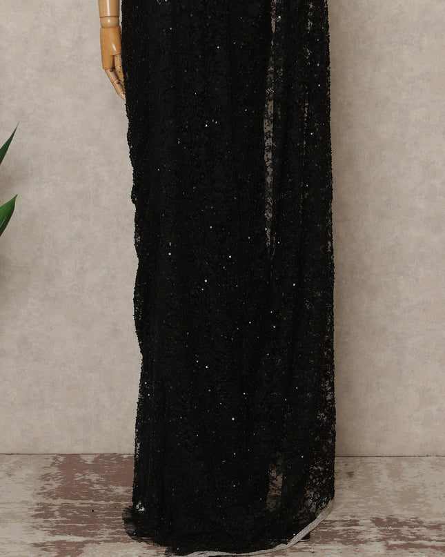 Classic Black French Chantilly Lace Saree with Bead & Sequin Work 5.5 Meters Length 110 Cms Width Premium Embellished Floral Lace Fabric Elegant Sheer Saree France-D28707 Regal Fabrics