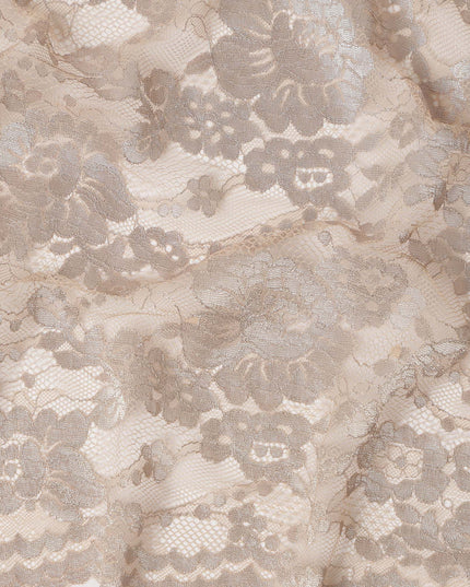 Beige Floral Designer Synthetic Lace Fabric Elegant Sheer Floral Pattern Soft Lace Material 110 Cms Width Indonesia Origin-D28536