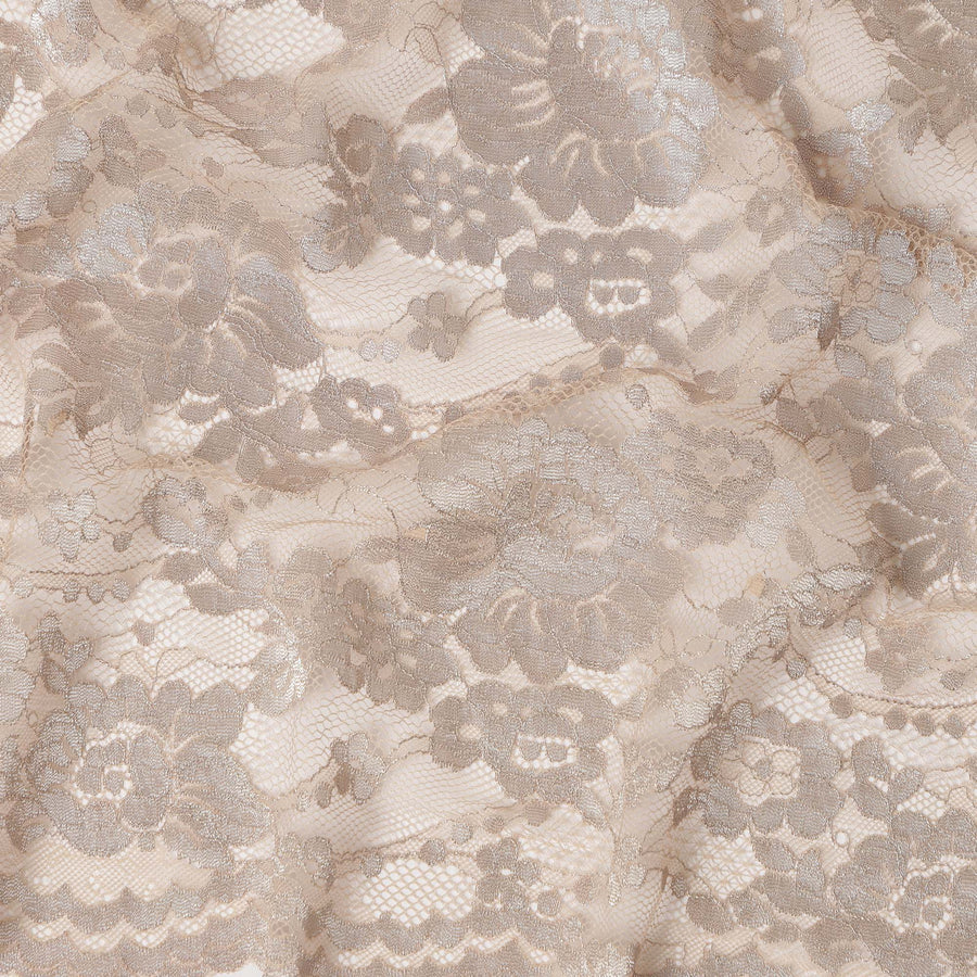 Beige Floral Designer Synthetic Lace Fabric Elegant Sheer Floral Pattern Soft Lace Material 110 Cms Width Indonesia Origin-D28536