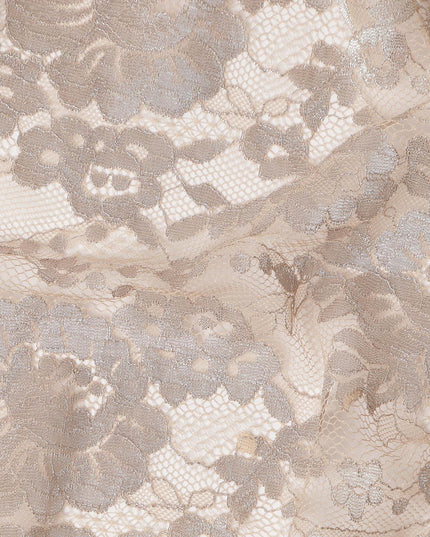 Beige Floral Designer Synthetic Lace Fabric Elegant Sheer Floral Pattern Soft Lace Material 110 Cms Width Indonesia Origin-D28536