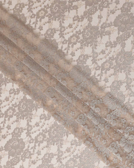 Beige Floral Designer Synthetic Lace Fabric Elegant Sheer Floral Pattern Soft Lace Material 110 Cms Width Indonesia Origin-D28536