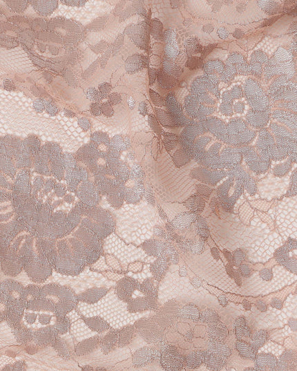 Peach Pink Floral Sheer Designer Synthetic Lace Fabric Elegant Soft Floral Lace Pattern Fabric 110 Cms Width Indonesia Origin-D28533