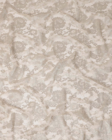 Beige Floral Sheer Designer Synthetic Lace Fabric Elegant Corded Lace Pattern Soft Bridal Lace Material 110 Cms Width Indonesia Origin-D28527