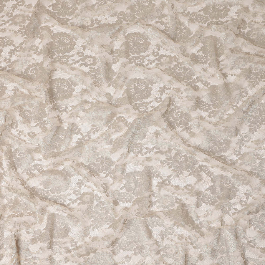 Beige Floral Sheer Designer Synthetic Lace Fabric Elegant Corded Lace Pattern Soft Bridal Lace Material 110 Cms Width Indonesia Origin-D28527