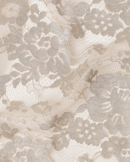 Beige Floral Sheer Designer Synthetic Lace Fabric Elegant Corded Lace Pattern Soft Bridal Lace Material 110 Cms Width Indonesia Origin-D28527