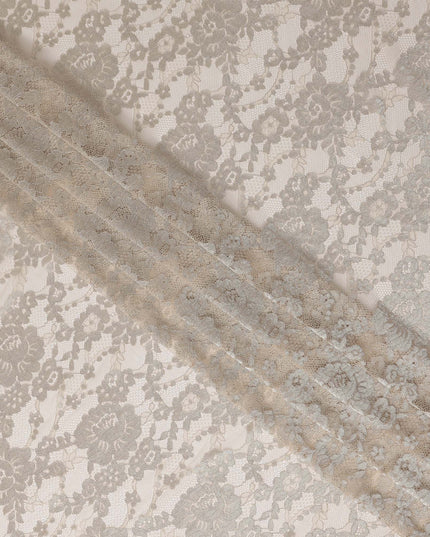 Beige Floral Sheer Designer Synthetic Lace Fabric Elegant Corded Lace Pattern Soft Bridal Lace Material 110 Cms Width Indonesia Origin-D28527