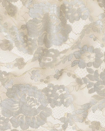 Ivory Cream Floral Corded Pattern Sheer Synthetic Lace Fabric Elegant Designer Lace Fabric 110 Cms Width Indonesia Origin-D28526