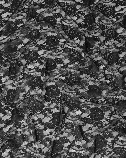 Black Floral Designer Synthetic Lace Fabric Elegant Sheer Floral Pattern Soft Lace Material 110 Cms Width Indonesia Origin-D28539