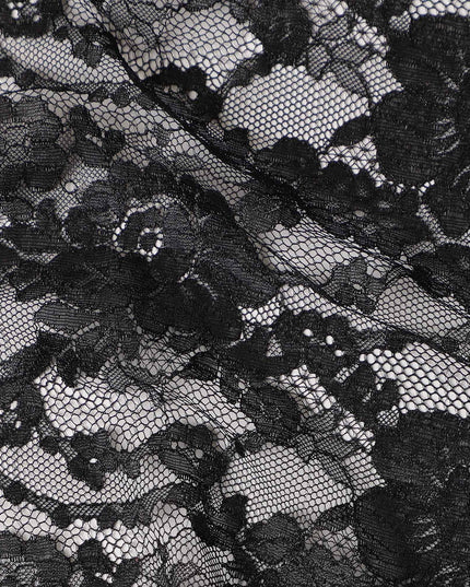 Black Floral Designer Synthetic Lace Fabric Elegant Sheer Floral Pattern Soft Lace Material 110 Cms Width Indonesia Origin-D28539