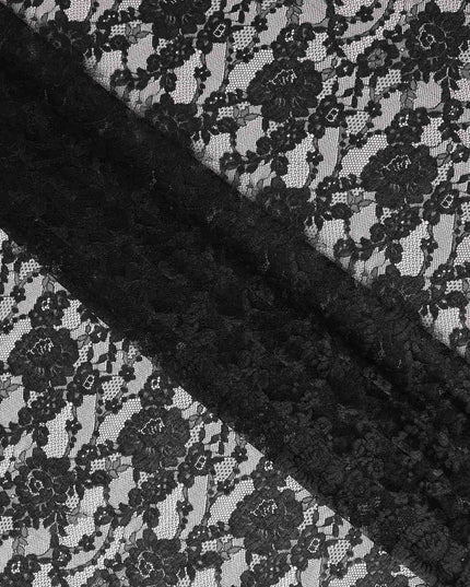 Black Floral Designer Synthetic Lace Fabric Elegant Sheer Floral Pattern Soft Lace Material 110 Cms Width Indonesia Origin-D28539