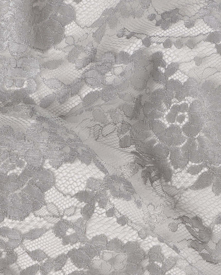 Silver Grey Floral Sheer Designer Synthetic Lace Fabric Elegant Soft Lace Pattern Fabric 110 Cms Width Indonesia Origin-D28529