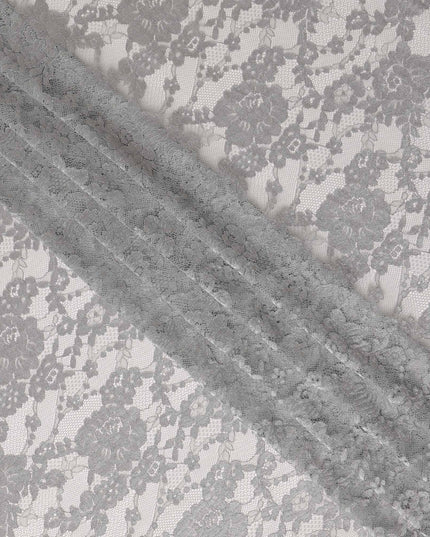 Silver Grey Floral Sheer Designer Synthetic Lace Fabric Elegant Soft Lace Pattern Fabric 110 Cms Width Indonesia Origin-D28529
