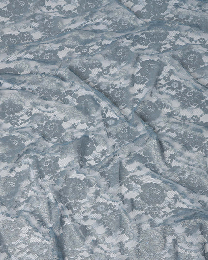 Dusty Blue Floral Corded Pattern Sheer Synthetic Lace Fabric Elegant Designer Lace Fabric 110 Cms Width Indonesia Origin-D28525