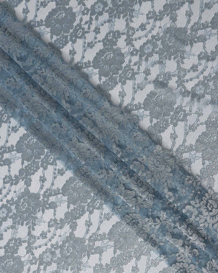 Dusty Blue Floral Corded Pattern Sheer Synthetic Lace Fabric Elegant Designer Lace Fabric 110 Cms Width Indonesia Origin-D28525