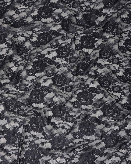 Black Floral Designer Synthetic Lace Fabric Elegant Sheer Floral Pattern Soft Mesh Lace Material 110 Cms Width Indonesia Origin-D28540