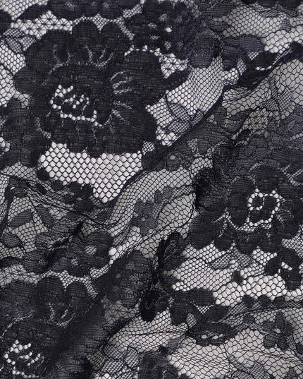 Black Floral Designer Synthetic Lace Fabric Elegant Sheer Floral Pattern Soft Mesh Lace Material 110 Cms Width Indonesia Origin-D28540