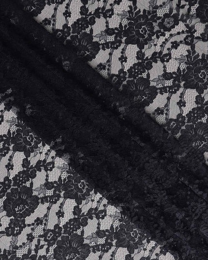 Black Floral Designer Synthetic Lace Fabric Elegant Sheer Floral Pattern Soft Mesh Lace Material 110 Cms Width Indonesia Origin-D28540