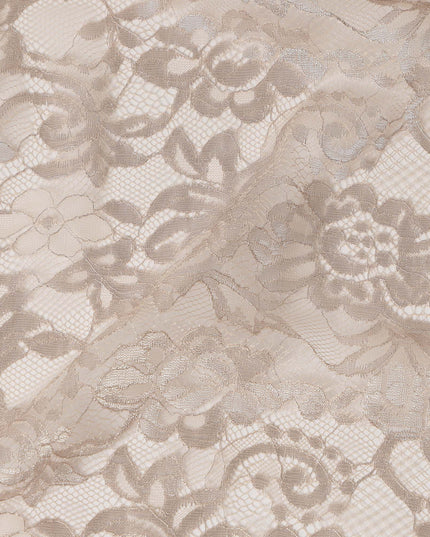 Champagne Beige Floral Scroll Pattern Sheer Synthetic Lace Fabric Elegant Designer Lace Material 110 Cms Width Indonesia Origin-D28528